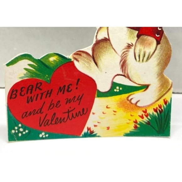 Vintage Valentines Day Greeting Card Bear With Me Anthropomorphic Bear 40s - Picture 5 of 6